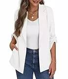 PrinStory Blazer Für Damen Verstellbare Ärmel Longblazer Geschäft Büro Blazer Anzug Sportlich Jack Trenchcoat (Weiß, EU 42-44)