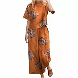 AACH Damen Boho 2-teiliges Sommer Vintage Leinenanzug Bohemian Print Kurzarm T-Shirt Hose Zweiteiler Y2K Aesthetic Streetwear Große Größe Weite Freizeitanzug Modische Casual Lounge Set