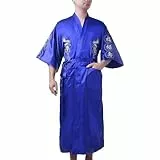 Bon amixyl Herren-Kimono-Bademantel aus Seide, japanischer Drachen-Bademantel, chinesischer Kimono-Bademantel, vorne offen, langer Umhang mit Gürtel, Blau, Large