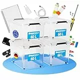 ATHLON TOOLS 4x 60 L Aufbewahrungsboxen mit Deckel, lebensmittelecht - Verschlussclips - 100% Neumaterial Plastik-Box transparent - Kleiderboxen stapelbar