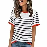 ANCAPELION Damen Casual T-Shirt Striped Kurzarm Sommer Tops Oberteile Rundhals Basic Bluse Weiß und Schwarz Gestreift L
