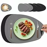 HELI MIAO Tischsets Abwaschbar 6er Set - Doppelseitige Platzsets, Platzdeckchen mit Untersetzer aus Lederoptik, wasserdichte als Tischunterlage für Ihren Esstisch - Oval in Schwarz+Grau