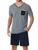 Leversic Schlafanzug Herren Kurz aus Baumwolle mit Kontraststreifen Design, Sommer Pyjama Set Oberteile und Kurze Hosen, Vater und Partner, 206-Navy Blau, L