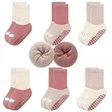 Exemaba 6 Paare Baby Anti Rutsch Socken Dicke Kleinkinder Warme Wintersocken Stoppersocken ABS Rutschfeste Socken(Kaninchen Set, M/1-3 Jahre)