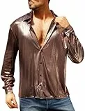 FYMNSI Herren Metallic Langarm Hemd 70er Disco Party Kost�m Slim Fit Button Down Gl�nzend Kleid Shirts Nachtclub Top Locker Freizeithemd 80er Jahre Outfit Karneval Fasching Oberteil Braun 3XL