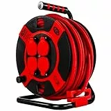 REV Kabeltrommel EX, 40m, H07RN, IP44, 3000W, Verlängerungskabel, Outdoor, 4 Steckdosen, Thermoschalter, rot