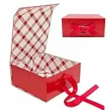 Tekhoho Rot Geschenkbox 22x22x10cm, Premium Geschenkbox mit Magnetdeckel und Schleife für Feiertage Hochzeit Geburtstag Geschenkverpackung, Kariertes Futter