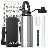 WATERSY Isolierte Edelstahl Thermosflasche 40oz Vakuumisolierte Trinkflasche mit 2 Deckel Auslaufsichere Wasserflasche 1200 ml Doppelwand Flasche Metall Sport für Sport, Schule
