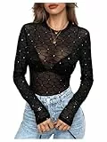GORGLITTER Damen Body Y2K Durchsichtig Mesh Oberteil Bodysuit Langarm Party Netzshirt Club Bodys mit Strasse Festival Outfit Schwarz M