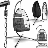 tectake® Hängesessel mit Gestell, Dicke Kissen, Möbel, Deko für Wohnzimmer, Jugendzimmer, Balkon, Outdoor oder Indoor Schaukel Sessel, Kinder & Erwachsene, belastbar bis 160kg - dunkelgrau