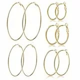 PABBEU 5 Paar goldene Creolen, große Creolen aus 316L Edelstahl, leichte, 14 Karat vergoldete Ohrringe, hypoallergene, dünne goldene für Frauen, 30/40/50/60/70 mm