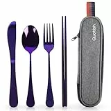 Quatish Camping Besteck, 5 Stück Edelstahl Reisebesteck mit Etui, Besteckset to Go, Campingbesteck für Unterwegs, Outdoor, Reise, Arbeit, Schule, Reise Gadgets, Violett