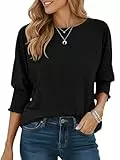 Cuptacc Tshirt Damen Einfarbig Basic Round Neck Blusen Damen Lässig Flowy Dehnbar Gesmokt Stulpe Tunika Komfort Wrinkle Free Oberteile Schwarz XL
