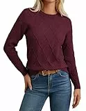 GRACE KARIN Damen Pullover Langarm Rundhals Strickpullover mit Rautenmuster Oberteile Sweater Herbst Winter Weinrot S