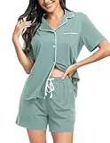 Lovasy Schlafanzug Damen Baumwolle Kurz Pyjama Set Kurzarm Schlafanzüge für Damen mit Knöpfen und Taschen,Hellgrün,M