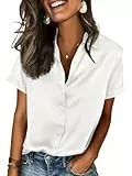 Tankaneo Damen Button Down Bluse V Ausschnitt Kurzarm Einfarbig Satin Blusen Sommer Lässige Oberteile Braun XL