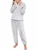 Niwicee Schlafanzug Damen Lang Pyjama Damen 2-Set, Hausanzug Damen Kuschelig Weich Nachtwäsche Sleepwear Pyjamahose,Polar Fleece Oberteile Hosen Warm Anzug Lose Freizeitanzug Mit Tasche-Hellgrau-L