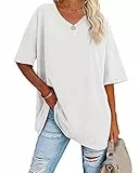 Ebifin Damen Oversize T Shirt mit V-Ausschnitt Kurzärmeliges Casual Lockere Basic Sommer Tee Shirts Bluse.Weiß.XXL