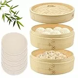 HEKOBAG Dampfgarer Dampfkorb Bambus Bambusdämpfer mit 2 Etagen Dampftopf Bambus Dämpfaufsatz Ø 21,1 cm Bamboo Dampfer mit Deckel Dampfgaren Bambuskorb für Reis Fisch Dim Sum Gemüse Fleisch Knödel