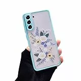 Fycyko Kompatibel mit Samsung Galaxy S21 FE Hülle, Aesthetic Handyhülle Blumen Silikon TPU Transparent Girls Cute Design Kameraschutz Schutzhülle - Blume Blau