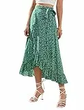 KOJOOIN Damen Röcke Strandröck Sommer Röcke Midiröcke Bohemian Blumen Röcke mit Rüschen Elastische Taille Grün L