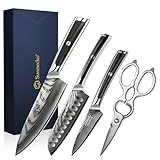Sunnecko 4PCS Damastmesser Küchenmesser Set Profi Messer Set - 4 Teilig Damast Messer Scheren Kochmesser Messerset Damaszener Stahl Küchenmesser Küchenschere Set Kitchen Knife Set für Küche