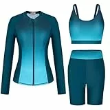 Damen 3 Piece Badeanzug Langarm Badeanzug mit Reißverschluss Elegant Tankini Set Blaugrün M