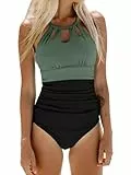 CUPSHE Damen Badeanzug High Neck Zierausschnitt Bauchweg Raffungen Strandmode Einteilige Bademode Swimsuit Schwarz/Grün XL