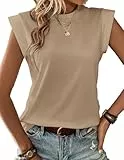 Zeagoo Damen Tank Top Ärmellose Sommer T Shirt Cap Ärmel Tops Rundhals Oberteile Basic Blusentop Khaki M