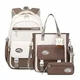 Tanou Schulrucksack Mädchen Rucksack für Teenager, Schultaschen-Set mit Studenten Umhängetasche und Federmäppchen, Kinder Schulranzen Casual Daypack School Bag for Girls, Braun