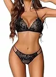 Avidlove Damen Dessous Set Spitze Halfter Unterwäsche Sexy Babydoll Verstellbare Reizwäsche Frauen V-Ausschnitt Lingerie Set Mit BH and Slip Schwarz S