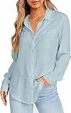 Saodimallsu Damen Bluse Langarm Hemd mit V-Ausschnitt Regular Fit Baumwolle Shirt Elegant Business Arbeit Oberteile Casual Langarmshirt Hellblau S