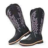 Hawkwell Damen-Cowboystiefel mit quadratischer Zehenpartie, seitlichem Reißverschluss, bestickt, niedriger Absatz, Westernstiefel mit mittlerer Wadenhöhe, Schwarz, EU 40
