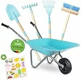 PHIBER-SPORTS Schubkarre Kinder + Gartenwerkzeug Kinder aus Metall - Kinderschubkarre mit Gartenwerkzeug: Schaufel, Kinderbesen, Kinderrechen, Laubrechen + Wetterfeste Sticker - Für Garten & Strand