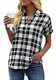 GeGekoko Damen Kariert Bluse Kurzarm Oberteile Casual Lose V-Ausschnitt Hemdbluse zum Knöpfen Summer Tunika T-Shirt Tops