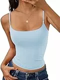 Cuptacc Top Damen Eckiger Ausschnitt Doppellagige Modisch Tank Top Damen Spaghettiträger Verstellbarer Basic Passform Yoga Cami Oberteil Himmelblau S Klein