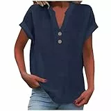 KOG Damen T-Shirts Basic Leinenhemd Tshirts Fashion Kurzarm Longshirt Frauen Tee T-Shirt Elegante Leinen Tee Shirt Teenager Rundhals Lose Shirts Marine XL