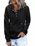 Xnova Pullover Hoodie Damen Knopfleiste Langarm Winter Herbst, Basic Kapuzenpullover Sweatshirt Fleece-Futter Warm Modische, Freizeit Sport Oberteil mit Kapuze Pulli Streetwear (Schwarz, XL)