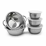 Relaxdays Schüssel Set aus Edelstahl, HxBxT: 10 x 24 x 30 cm, 5-teilig, stapelbar, Küchensieb, Frischhaltedose, silber