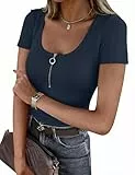 Totatuit T-Shirt Damen Sommer Kurzärmelig Quadratischer Ausschnitt lässiges T-Shirt Gerippt Schmale Hemden Slim Fit Basic Shirts Elegant Tops Dunkelblau M