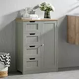 Bath Vida Badezimmerschrank mit 4 Schubladen, Aufbewahrungsschrank aus Holz mit 1 Tür, höhenverstellbares Regal (Grau und Eiche)
