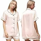 Ladieshow Damen Schlafanzug Kurz Sommer, Satin Pyjamas Set Kurzarm Nachtwäsche, Seide Pyjama Set für Damen Shorty Zweiteiliger Hausanzug Shorts und Oberteile - Champagner M