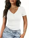 Gyabnw Damen Kurzarm T Shirt mit V Ausschnitt und Henley Knopfleiste Slim Fit Stretch Stoff weiches Elegantes Basic Shirt Sommer Oberteile Damen