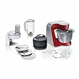 Bosch Küchenmaschine MUM5 CreationLine MUM58720,Edelstahl-Schüssel 3,9 L, Mixer 1,25 L, Planetenrührwerk,Knethaken,Schlag,Rührbesen, Durchlaufschnitzler, 3 Scheiben, 1000 W, Dunkelrot/Silber