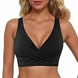 Damen Bikini Oberteil V Ausschnitt Wickeloptik Crossover Lace Up Bralette Bademode Breite Träger Bikini Top S-XXL