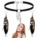 Jadive Feder Ohrringe mit Perlen Set Indianer Schmuck Retro Leder Choker Bohemien Steampunk Ohrringe für Damen(Schwarz)