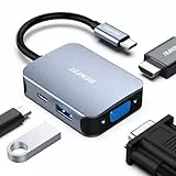 BENFEI USB C HUB 4in1,USB C Multiport-Adapter mit 4K HDMI/ 1080P VGA/ 5Gbps USB 3.0 Data Port/Typ C 60W Power Delivery, kompatibel für iPhone 15 Pro/Max MacBook Pro/Ai iPad Pro iMac Galaxy S23, Grau