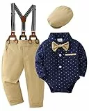 ZOEREA 4tlg Baby Jungen Kleidung Set Taufbekleidung Strampler mit Fliege + Hosenträge Baby Bekleidungssets Gentleman Anzug für Festliche Hochzeit Dunkelblau,12-18 Monate