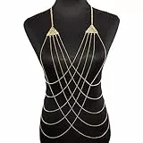 Damen Sexy Körperkette Körperschmuck Gold,Bikini Strand Kette Sexy BH Kette für Frauen Dame Mädchen, Körper Kette Kettenschmuck Strass Partykette mehrschichtig Lange Brustkette Körper Bauch Schmuck