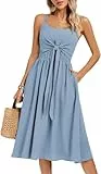 Kate Kasin Damen-Midikleid im Boho-Stil, ärmellos, Doppelträger, quadratischer Ausschnitt, zum Binden, Überzug, gesmokt am Rücken, A-Linie, Sommerkleid mit Taschen, Blau, L